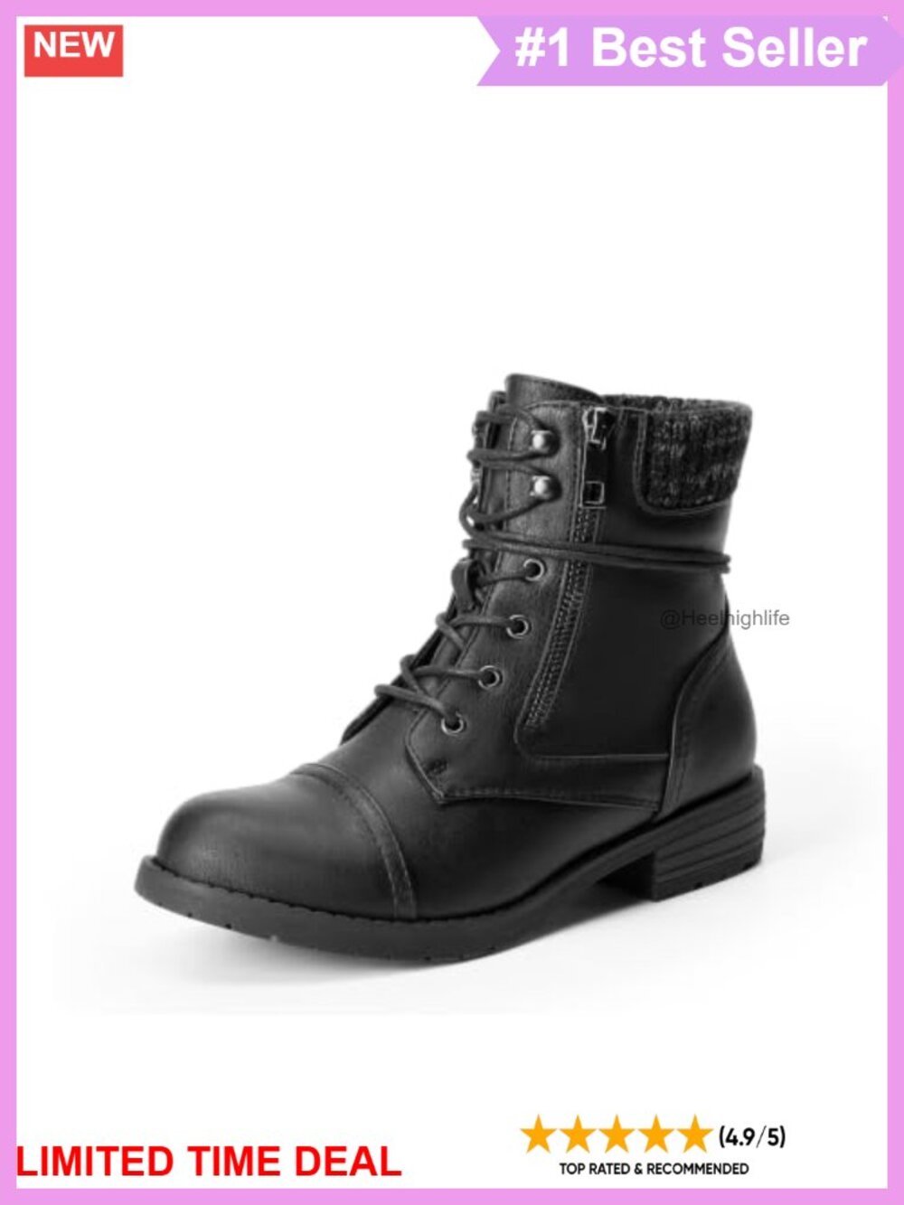 Lace Up Combat Ankle Booties Faux Leather Knit Cuff Stacked Heel